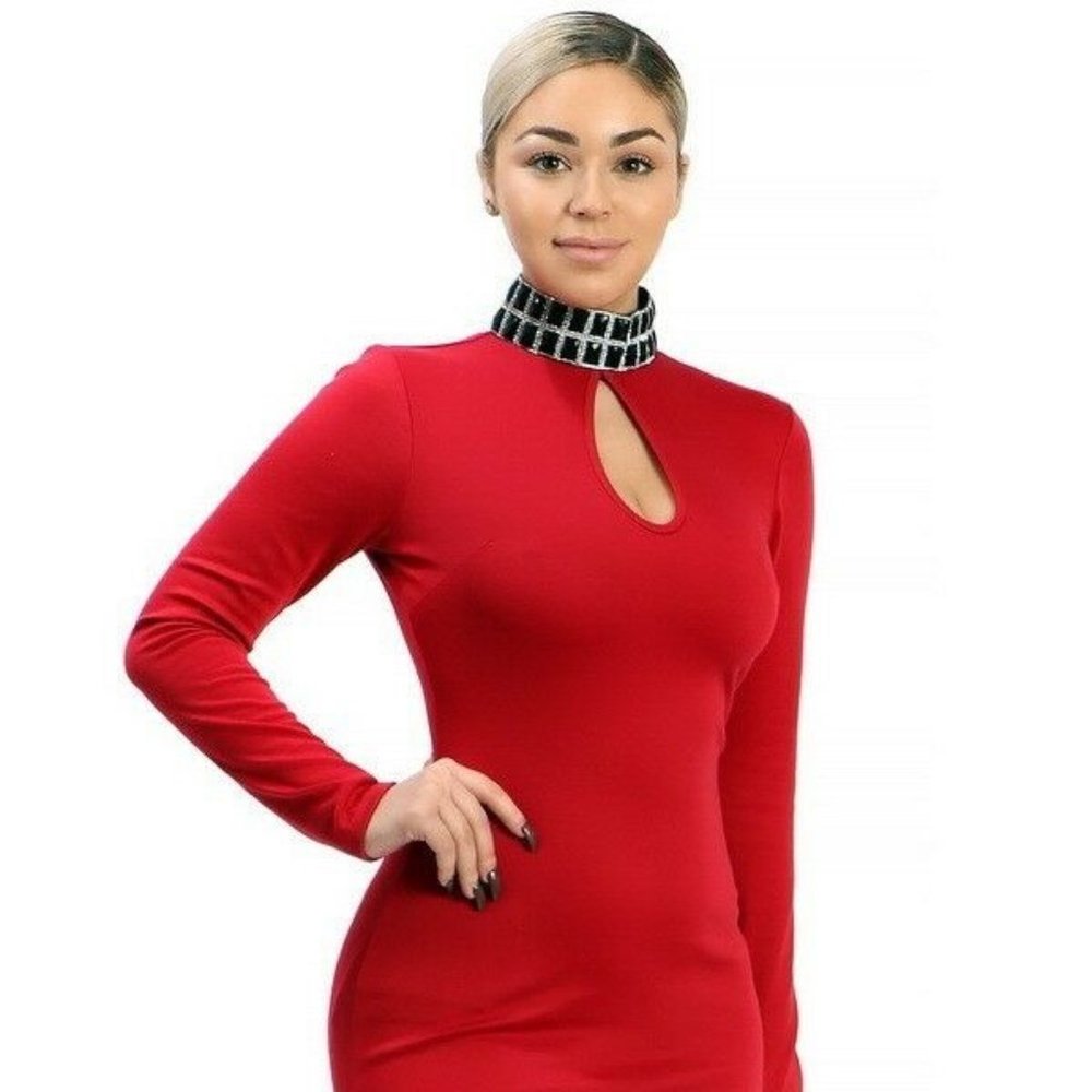LA Fatima Red Long Sleeve Bodycon Party Midi Dress